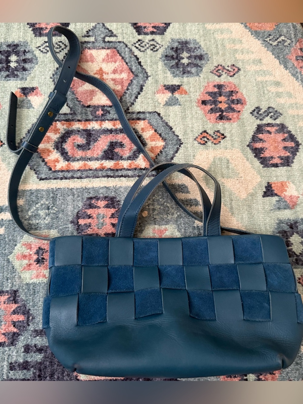 Madewell Woven Panel Leather Tote Bag in Teal - Picture 2 of 3